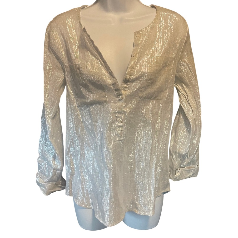 Como Black Womens Glam Metallic Silver Sheer Roll Tab Button Down Shirt Size S
